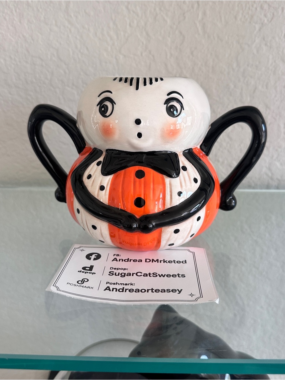 Johanna Parker Hand-Painted Halloween Orange and Black Ceramic Sugar Bowl